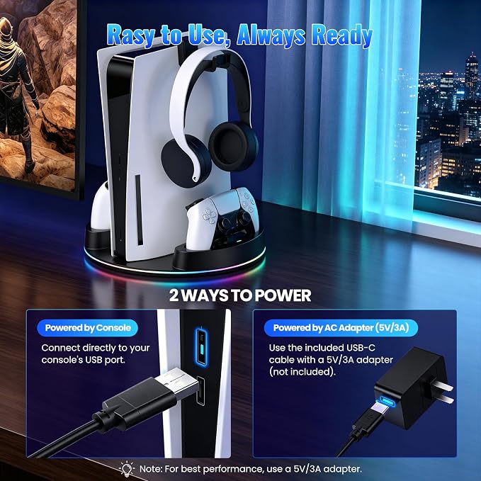 NEWDERY for PS5/Slim/Pro Console Stand with Controller Charger - Image 7