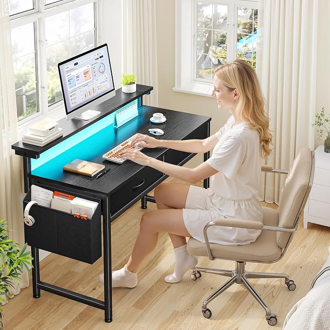 DurayLoly 39.4" Office Computer Desk with LED Lights & 2 Drawers,Black - Image 2