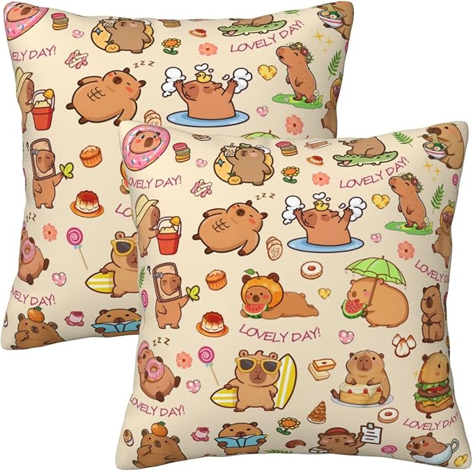 Capybara Throw Pillow Covers Set of 2, Soft 18x18 Inch Pillow Cases, Cute Capybaras Gifts for Girls, Home Decor for Living Room Bedroom Kids Room (capabara2) by Unknown