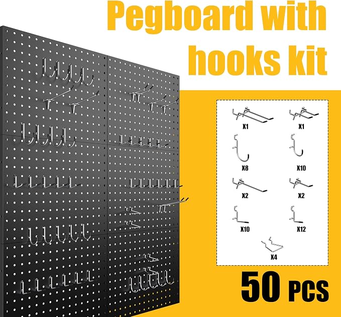 Spampur Peg Board, 6 Pack Metal Pegboard Panels with 50 Hooks - Image 7