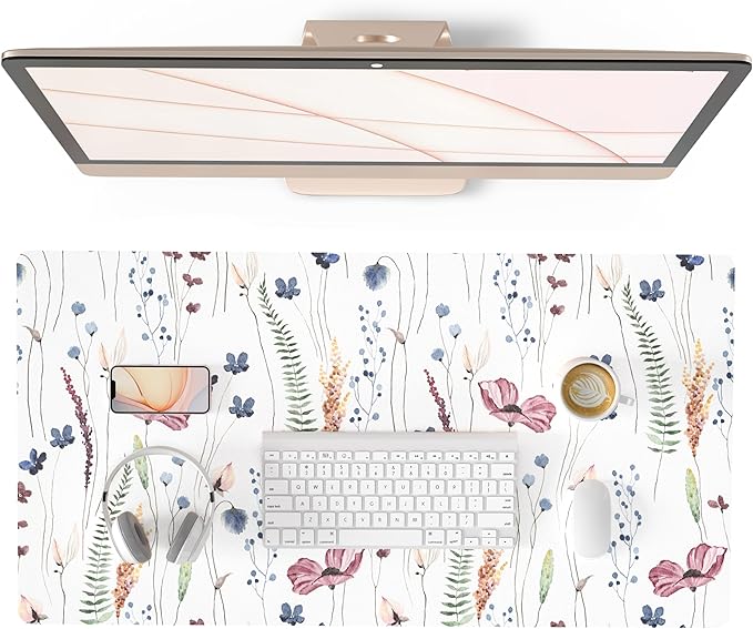 QiyI PU Leather Large Mouse Pad, Office Decor, 31.5" x 15.7", Wildflowers | Desk Décor Accessories, Extended Size, Waterproof & Easy to Clean, Smooth Surface, Non Slip Desk Organization by QIYI