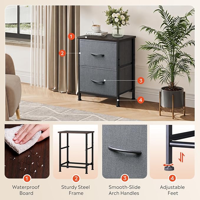 WLIVE Night Stand Set 2, Dresser and Nightstand Sets, Small Dresser for Bedroom with 2 Drawers, End Table with Fabric Bins for Closet, Bedside Furniture, College Dorm, Dark Grey - Image 5