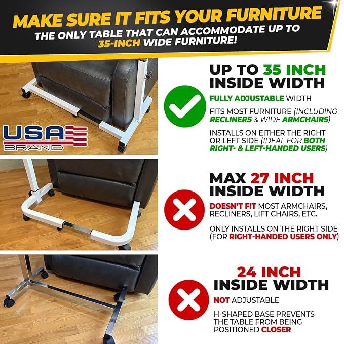 Recliner Table, Over the Bed Table with Wheels, Adjustable Width & Height, with Split Tilt Design & 4 Caster Wheels with Brakes (Vintage Oak Tabletop, White Base) - Image 3