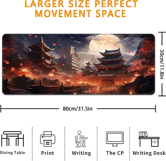 Japanese Desk Mat, XL 31.5"x11.8" Large Mouse Pad, Full Moon Extended Gaming Mouse Mat,Non-Slip Rubber Base Waterproof with Stitched Edges for Gaming Office Home Decor - Image 3