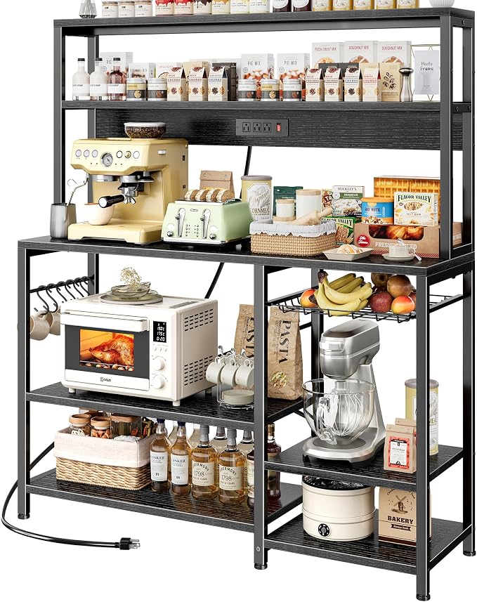 SUPERJARE Bakers Rack with Power Outlet, 47.2 Inches Coffee Bar with Basket by SUPERJARE