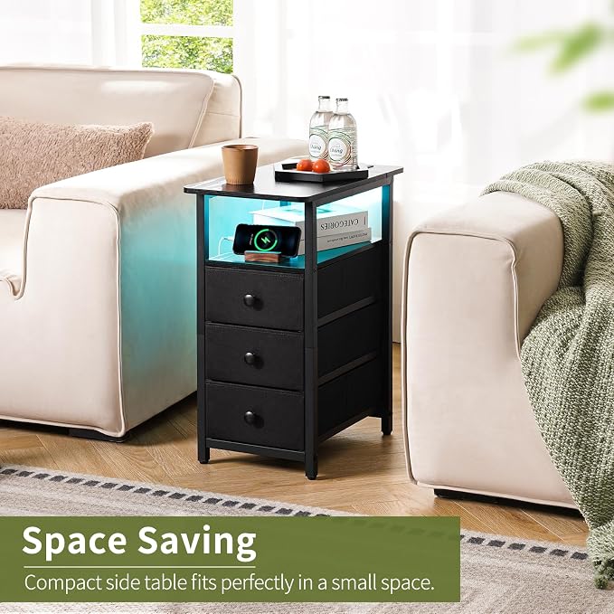 Yoobure End Table with Charging Station, LED Narrow Side Table Bedside Table, Small Night Stand End Tables Living Room, Skinny Nightstand with 3 Fabric Drawers, Side Tables Bedroom for Small Spaces - Image 3