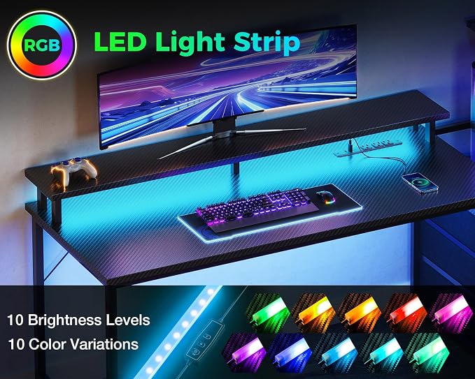 AODK 52 Inch Gaming Desk with USB Charging Ports & LED Light- Reversible Computer Desk with Storage Shelves & Monitor Stand, Modern Gamer Desk Table with Fabric Drawers, Black - Image 5