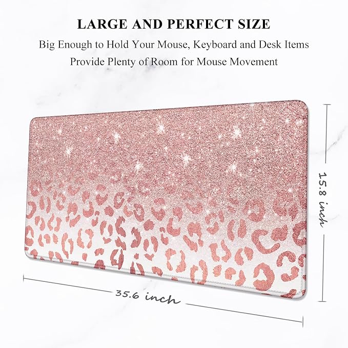 Auhoahsil Large Mouse Pad, XXL Desk Pad, Extened 35" x 15", Non-Slip Rubber Base, Stitched Edges, Superior Surface, Waterproof Keyboard Mat, Large Mousepad for Gamer, Office & Home, Pink Gold Leopard - Image 2
