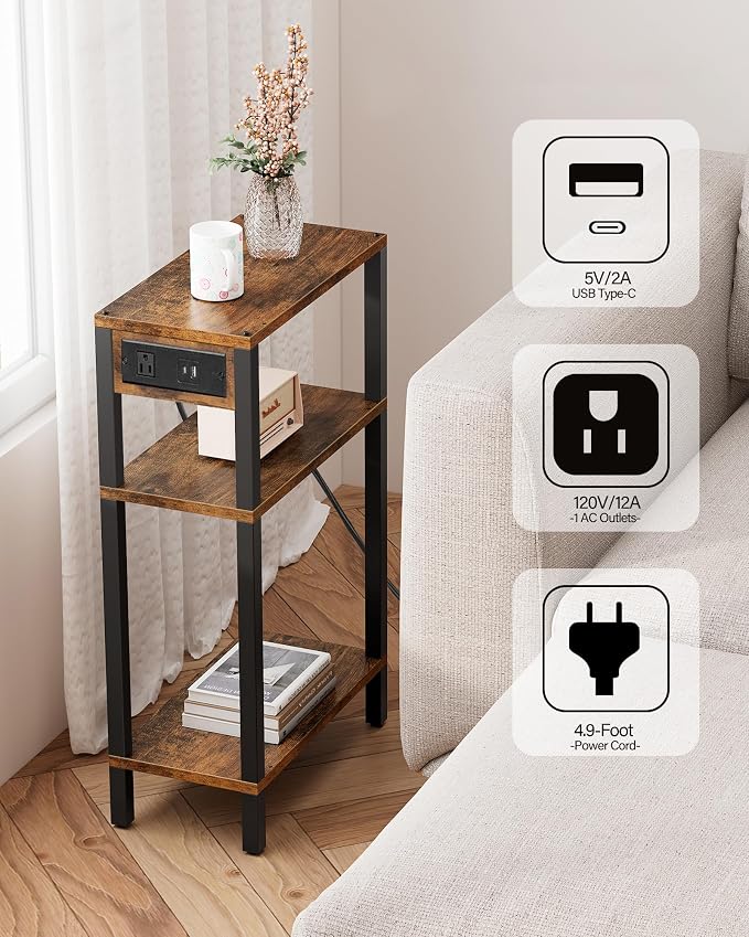 TUTOTAK Narrow Side Table, 3-Tier Small End Table with Charging Station - Image 6