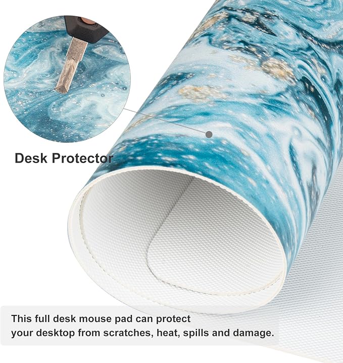 QiyI PU Leather Large Mouse Pad, Office Decor, 31.5" x 15.7", Blue Marble | Desk Décor Accessories, Extended Size, Waterproof & Easy to Clean, Smooth Surface, Non Slip Desk Organization - Image 4