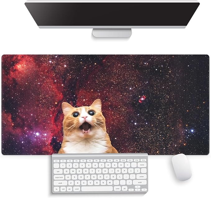 Surprised Orange Tabby Cat Large Mouse Pad, Red Galaxy Nebula Art Desk Mat | Keyboard Mat Stitched, 31.5" x 15.8", Funny Space Kitten, Cosmic Starry Sky, Shocked Ginger Kitty With Open Mouth, Fantasy by Knseva