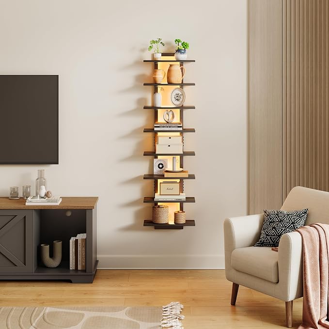 LED Wall Mounted Display Shelf with RGB Lights, 8-Tier Vertical Wall Shelf for Gaming Room, Bedroom and Living Room, Floating Shelves for Collectibles and Decor, 15"W x 5.5"D x 58.3"H, Black - Image 2