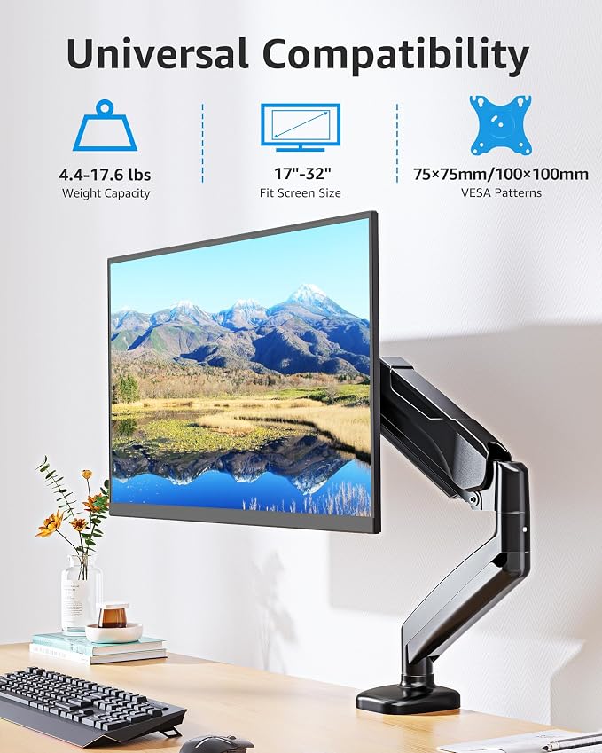 MOUNTUP Single Monitor Desk Mount Holds Screen up to 32 inch, Height Adjustable Monitor Arm, Full Motion Computer Monitors Stand with Clamp/Grommet Base, VESA Mounts Fit 4.4-17.6lbs Computer, Black - Image 3