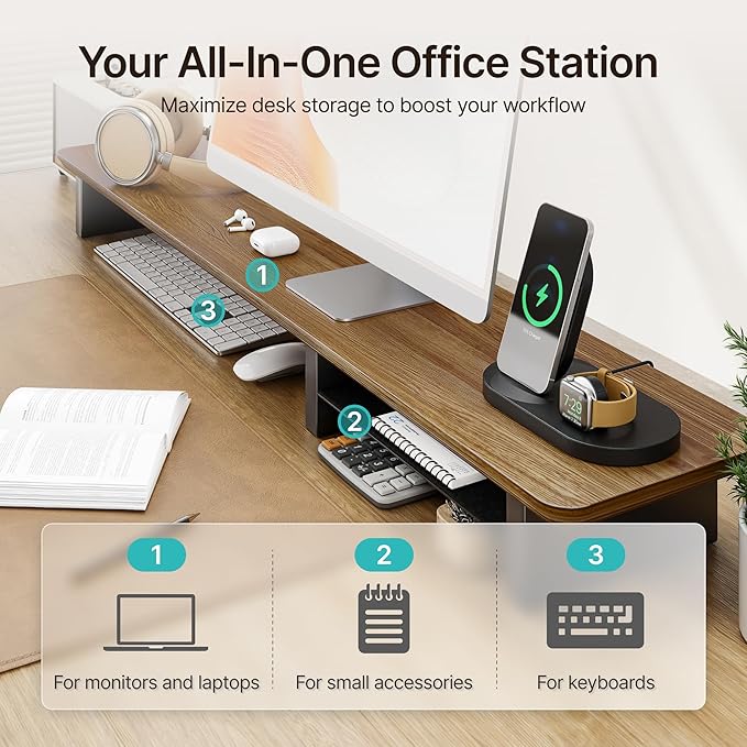 PEGZONE 46" Dual Monitor Riser, Metal Shelf Wooden Desk Organizer | Walnut Wooden Desk Shelf for 2 Monitors/TV,Monitor Stand Riser for Desk, Wood Monitor Stand Organizer for Home Office - Image 4
