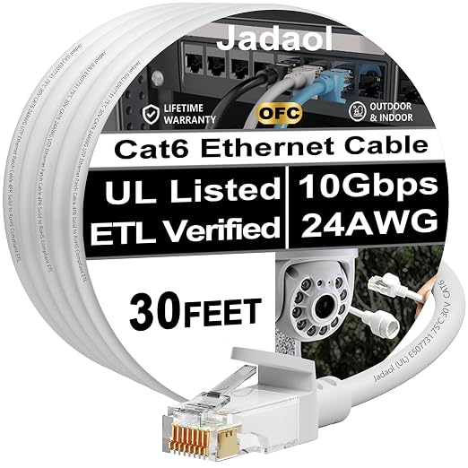 Jadaol [UL Listed Snagless Cat6 Ethernet Cable 30 ft 10Gbps, PoE++, White by Jadaol