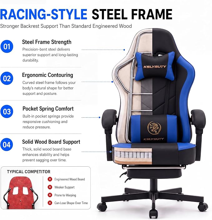 Desk Computer Gaming Chair - High Back Ergonomic Office Chair with Footrest and Lumbar Support, Swivel Comfy Home Gamer Video Game Chairs with Pocket Spring Cushion for Adults (Blue Leather) - Image 4