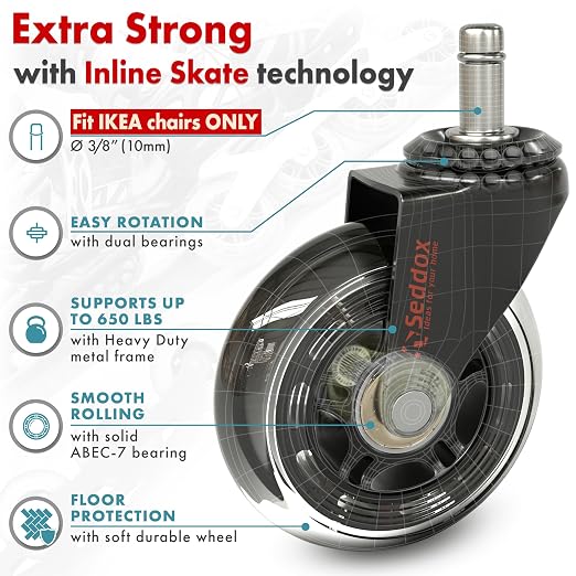 Office Chair Wheels Replacement Set 10mm (3/8" x 7/8") Stem - Fits IKEA Chairs ONLY - Soft Desk Chair Casters for Wood Floors & Carpet - Heavy Duty & Safe for All Floors Without Any Chair Mats - Image 4