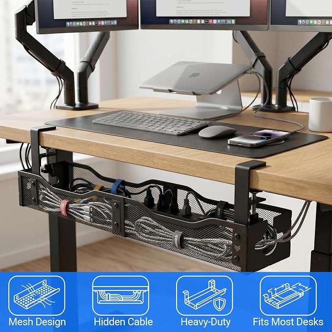 Cable Management Tray Under Desk - 25" No Drill Cord Management Under Desk with Clamp, Metal Desk Cable Organizer & Wire Management Tray for Standing Desk, Home Office Cord Organizer, Black - Image 3