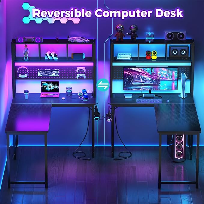 Small Black L Shaped Gaming Desk with Hutch , 47 Inch Corner Gaming Desk with Storage Shelves for Bedroom Small Space, Reversible L-Shaped Computer PC Desks with Pegboard LED Light for Kids Boys Girls - Image 3