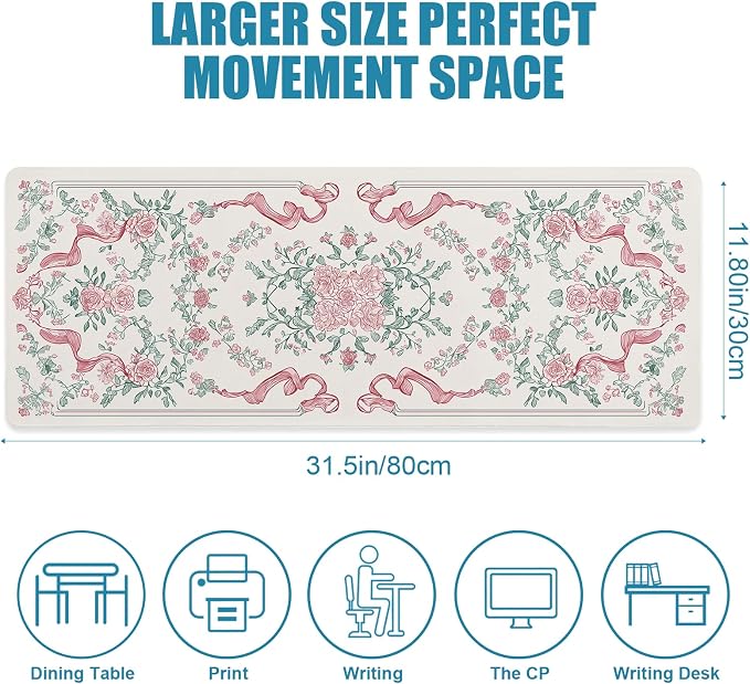 Pink Floral Gaming Mouse Pad, Desk Mat, XL Large Mousepad Non-Slip, Desk Pad, Extended Big Keyboard Mat for Desktop Decor, Office Desk Accessories for Women, 31.5x11.8in - Image 2
