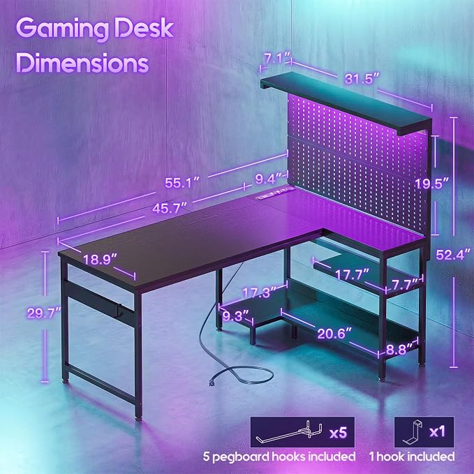 AODK 55" L Shaped Gaming Desk with Pegboard Hutch, LED Lights, Black | Large Pegboard, Power Outlets, USB Ports, Storage Shelves, CPU Stand, Reversible Layout for Gaming Rooms and Bedroom Corners - Image 2