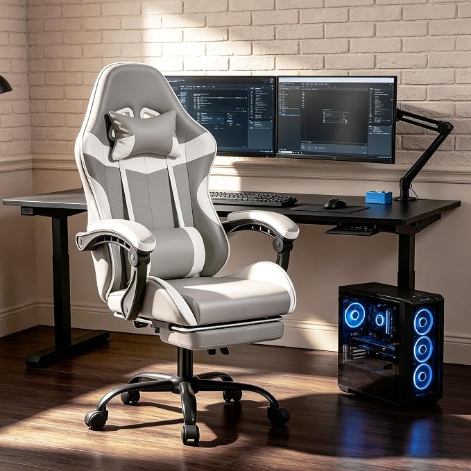 Gaming Chair, Ergonomic Footrest, Lumbar & Headrest(Grey White) | Steel frame, PVC leather & memory foam; 330 lb; 21" seat; 360° swivel, 90–155° recline; easy assembly; gaming & work - Image 2