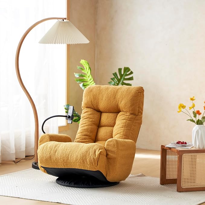 360° Swivel Gaming Floor Chair, 5 Position Adjustable Folding Sofa Chair with Armrests & Phone Holder, Cushion Padded Indoor Chaise Lounge for Adults, Home Office Floor Leisure Chairs, Yellow by BAOMKONG