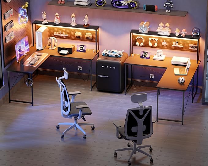 Pamray 60 Inch L Shaped Gaming Desk with Shelves and Storage | With Pegboard LED Lights Power Outlets, Reversible, Suitable for Home Office Bedroom Living Room Dorms Apartments - Image 2