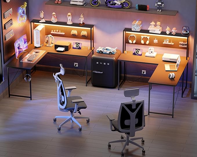 Pamray 60 Inch L Shaped Gaming Desk with Shelves and Storage | With Pegboard LED Lights Power Outlets, Reversible, Suitable for Home Office Bedroom Living Room Dorms Apartments - Image 3