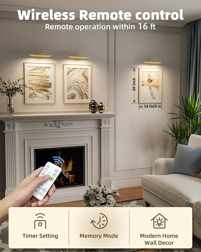EZVALO Picture Light for Wall, Rechargeable 2400mAh Gold Lights Wireless with IR Remote, 3 Color & Dimmable Magnetic 7.87'' LED Lights Display for Painting, Living Room, Gallery, Bedroom Art (2P) - Image 2