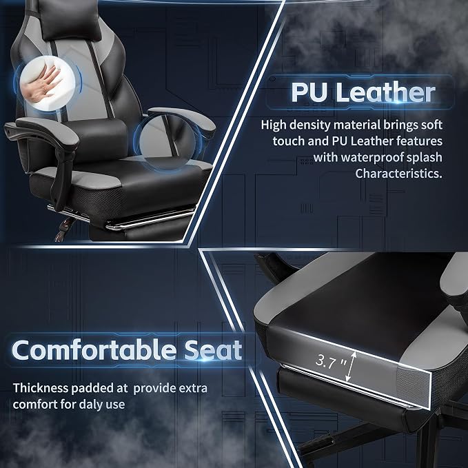 DL-win Gaming Chairs for Adults, Computer Chair with Footrest and High Back, Big and Tall Gamer Chair's with Massage Lumbar Support, 360° Swivel Height Adjustable Gaming Chair, Grey - Image 9
