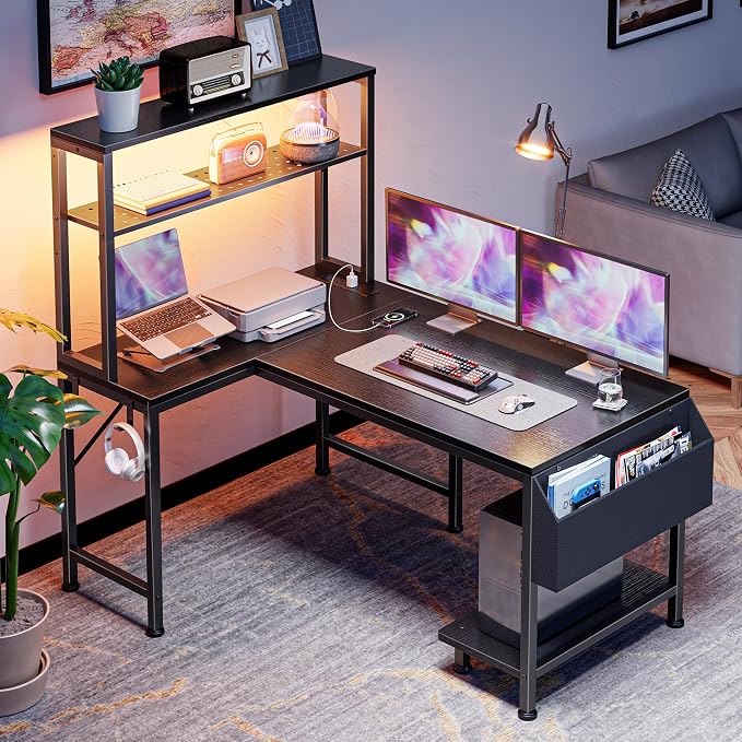 PRAISUN L Shaped Gaming Desk with LED Lights & Power Outlets | Reversible Computer Desk with Storage Shelves & Bag, Small Corner Home Office Desk with Pegboard for Work from Home, Black - Image 7