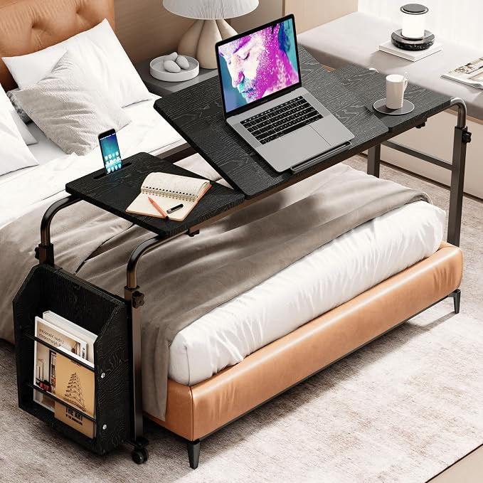 Laptop Desk for Bed,6-Angle Adjustable Overbed Table with Wheels,Adjustable Height and Length Bed Table for Laptop with Side Bookshelf,Standing Desk,Over Bed Desk for Working Hospital Home (Black) by BYMECOST