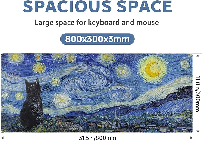 Starry Night Cat Gaming Mouse Pad Large Desk Mat Extended Keyboard Mouse Pad Anime Mousepad with Non-Slip Base and Stitched Edge Mouse Mat Desk Pad 31.5 x 11.8 Mouse Pads for Desk Home Office Gaming - Image 2