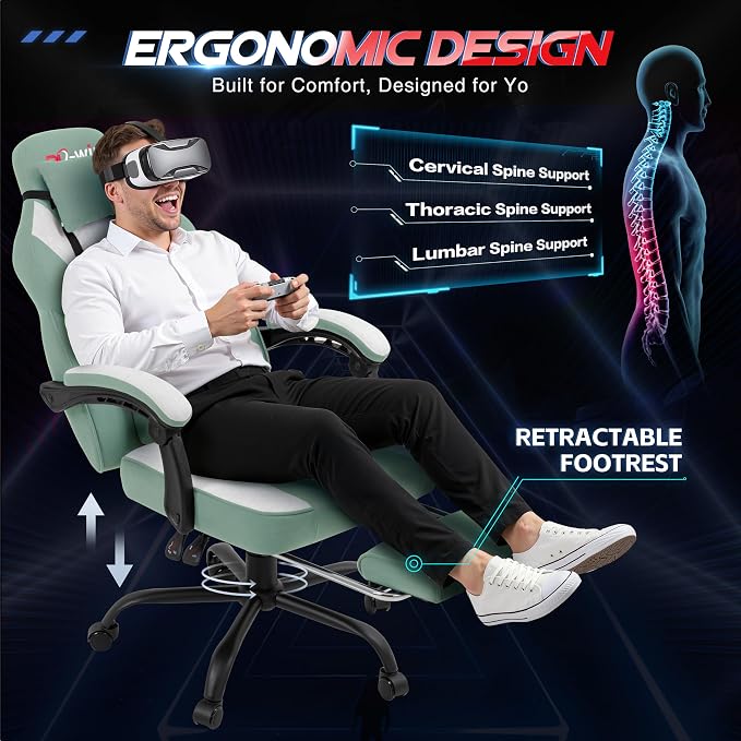 Gaming Chair for Adults with Footrest & Massage Lumbar Support, Ergonomic High Back Gamer Chair, Adjustable Swivel Computer Gaming Chairs with Headrest and Linkage Armrests,Green - Image 4
