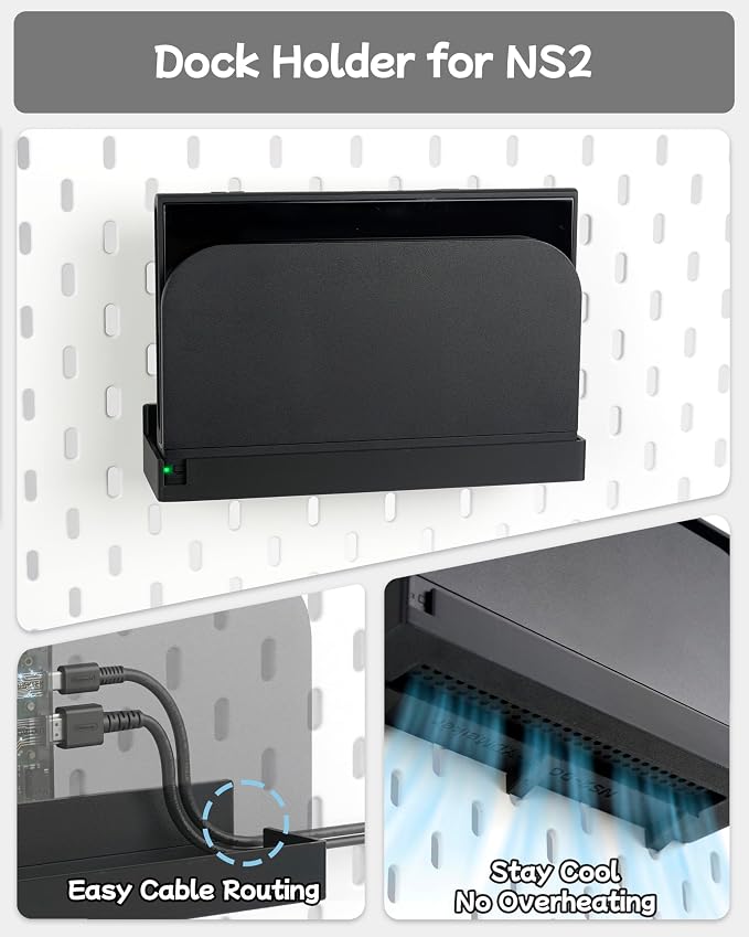 Pegboard Accessories, Holder for Switch 2, 4PCS | Black | for NS2, Switch PRO controller and Console Dock, Joycon Holder Compatible with SKADIS Pegboard - Image 3