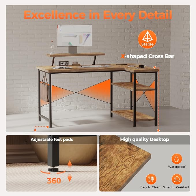 Mericonia 48 in Corner Desk with Monitor Stand, Small L Shaped Gaming Desk | Reversible Computer Desk with Power Outlets, LED Light & Storage Shelves, Office Table for Home Bedroom Study Work Writing - Image 6