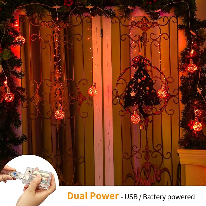 YOLIGHT Wishing Ball Curtain Lights 200 LED Window Curtain String Lights with Remote, USB Battery Powered Twinkle Globe Fairy Lights for Party Bedroom Christmas Halloween Decoration (Orange) - Image 2