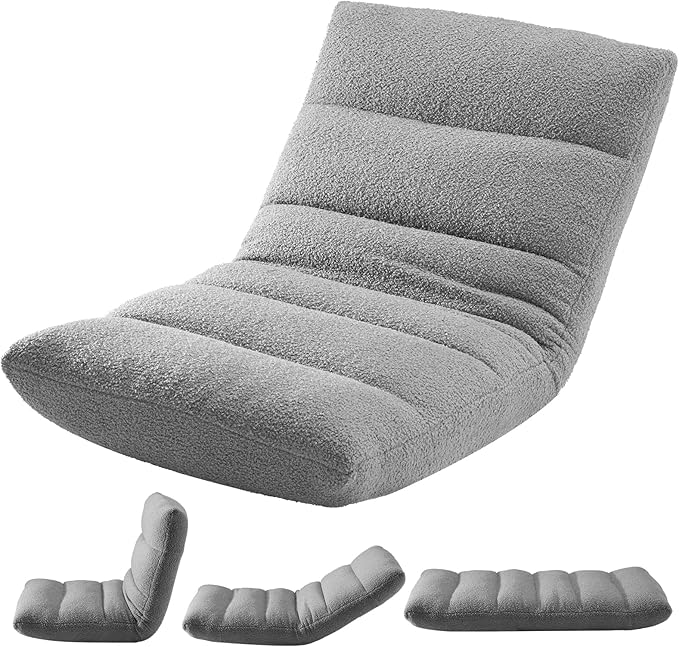 DUMOS Folding Floor Chair, 14-Position Adjustable Backrest Floor Seating | 5.9'' Thick Cushion Floor Seat with Teddy Velvet and Steel Frame for Adults, Kids, Reading, Meditation, Viedo Game, Grey by DumosLifestyle