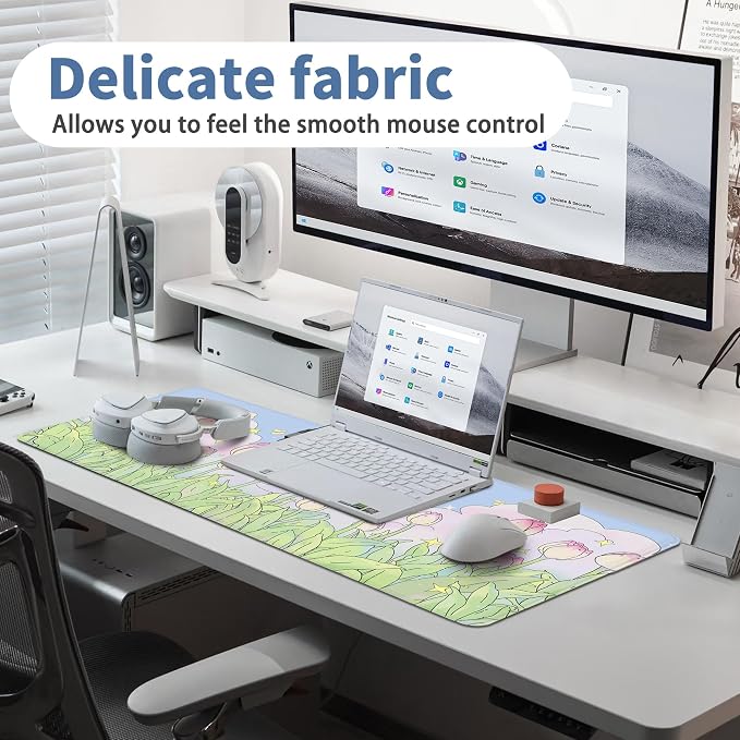 Kawaii Flower Mouse Pad Large Desk Mat Extended Keyboard Mouse Pad Cute XL Mousepad with Non-Slip Base and Stitched Edge Plant MouseMat Desk Pad 31.5 x 11.8 in Mouse Pads for Desk Home Office Gaming - Image 5