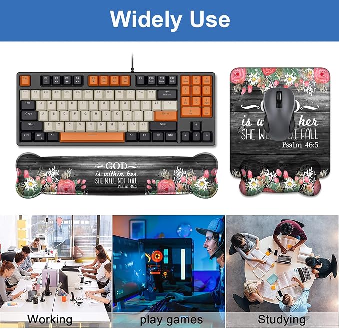 Wrist Rest Support Ergonomic Gel Mouse Pad & Memory Foam Keyboard Set, Non-Slip Rubber PU Base for Home Office Working Studying Easy Typing & Pain Relief - Floral Quote Bible Verses Psalm 46:5 - Image 8