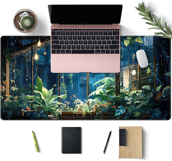 Plant Desk Mat Green Big Mouse Pad Large Gaming Mousepad Extended Keyboard Pad City View Aesthetic Desk Pad XXL Mouse Mat 31.5''X15.7'' Office Decor Cute Desk Accessories for Women - Image 3