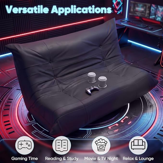 Homall Floor Gaming Chair Boneless Loveseat Couch, Ergonomic Floor Sofa Couch with Cup Holders, Leather Lazy Floor Lounger for Gaming, Reading, Relaxing, Watching TV (Black) - Image 3