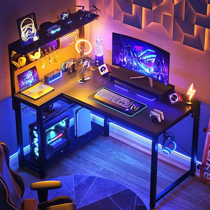 Homieasy Small Gaming Desk with Power Outlets Pegboard LED Light, 43 Inch L Shaped Computer Desk with Monitor Stand Storage Shelves, Reversible Corner Desk with Headset Hooks, Carbon Fiber Black - Image 2