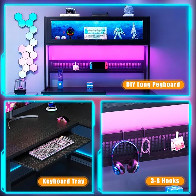 L Shaped Gaming Desk with Power Outlets & LED Lights, 39'' Small Reversible Computer Desk with Hutch & Pegboard & Display Cabinet, Corner Home Office Desk with Keyboard Tray & Storage Bag, Black - Image 7