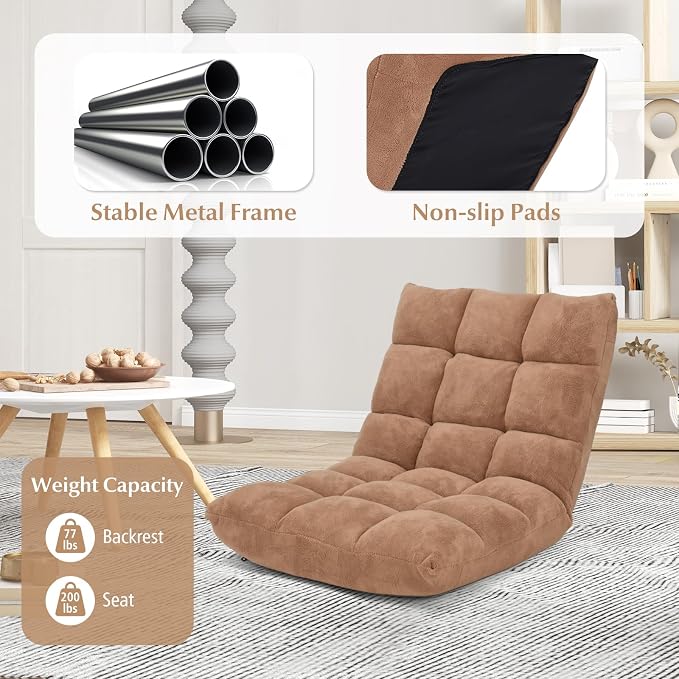 14-Position Lazy Sofa Chair with Soft Coral Fleece, Folding Gaming Chair, Couch Recliner, Floor Seat for Reading, Meditating, Yoga (Tan) - Image 6