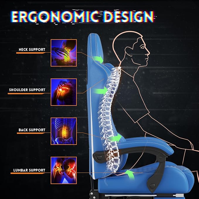 Gaming Chair,Big and Tall Gaming Chair 400lbs Office Chair with Footrest, 90-155° Recline & Removable Headrest Lumbar Support[Spring + 4D Sponge](Blue) - Image 7