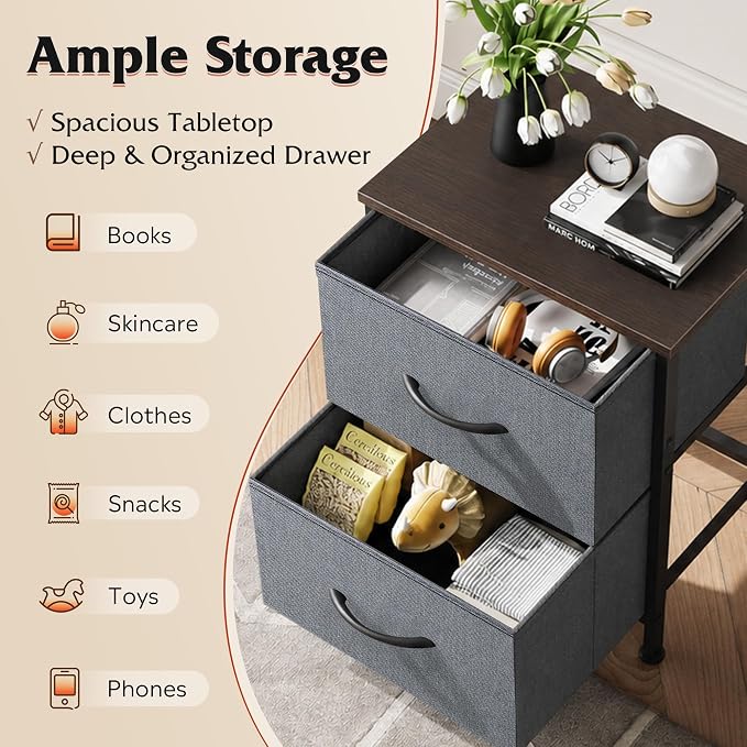 WLIVE Night Stand Set 2, Dresser and Nightstand Sets, Small Dresser for Bedroom with 2 Drawers, End Table with Fabric Bins for Closet, Bedside Furniture, College Dorm, Dark Grey - Image 4