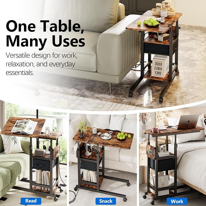 Adjustable Overbed Bedside Table with Wheels, Charging Station - Image 6