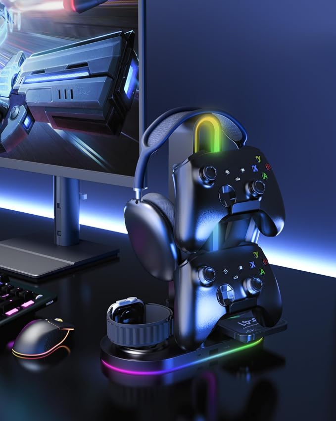 Headphone Stand, Dual Controller Holder, MagSafe Charger for iPhone/iWatch | RGB Gaming Headset Stand for All Headphones, Dual Outputs, ABS Solid Base, Adapter Included, Table Desk Organizer - Image 7